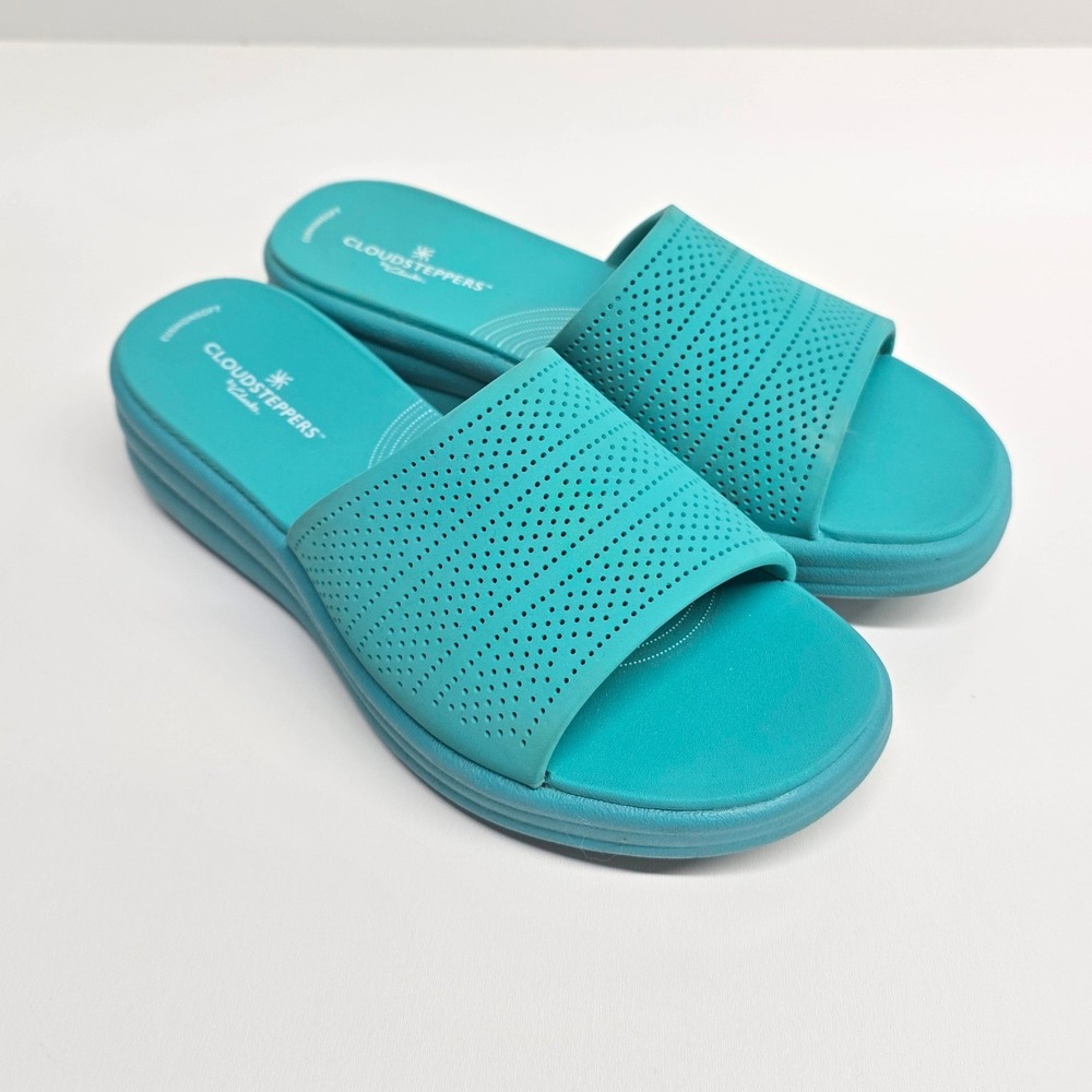 Clarks Cloudsteppers Arla Glade Turquoise Teal Blue Slide Sandals Womens 8 Beach